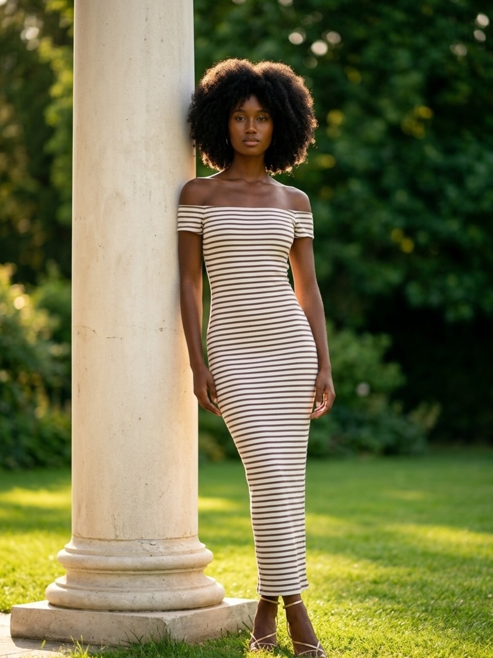 One-Shoulder Striped Midi Dress in Cream & Black